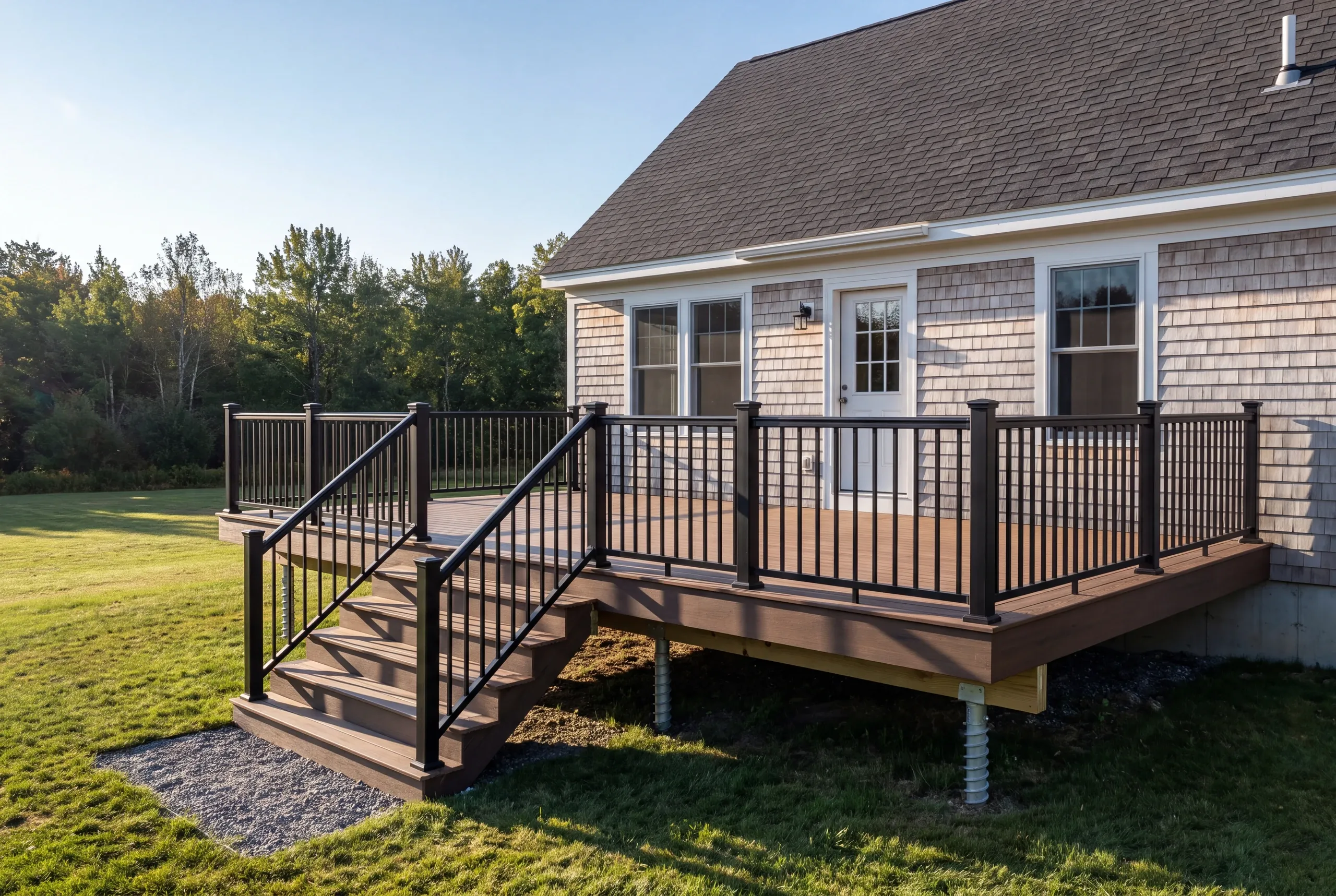 Cost to build a deck in Augusta, ME: finished composite deck with black rail and stairs behind a cape