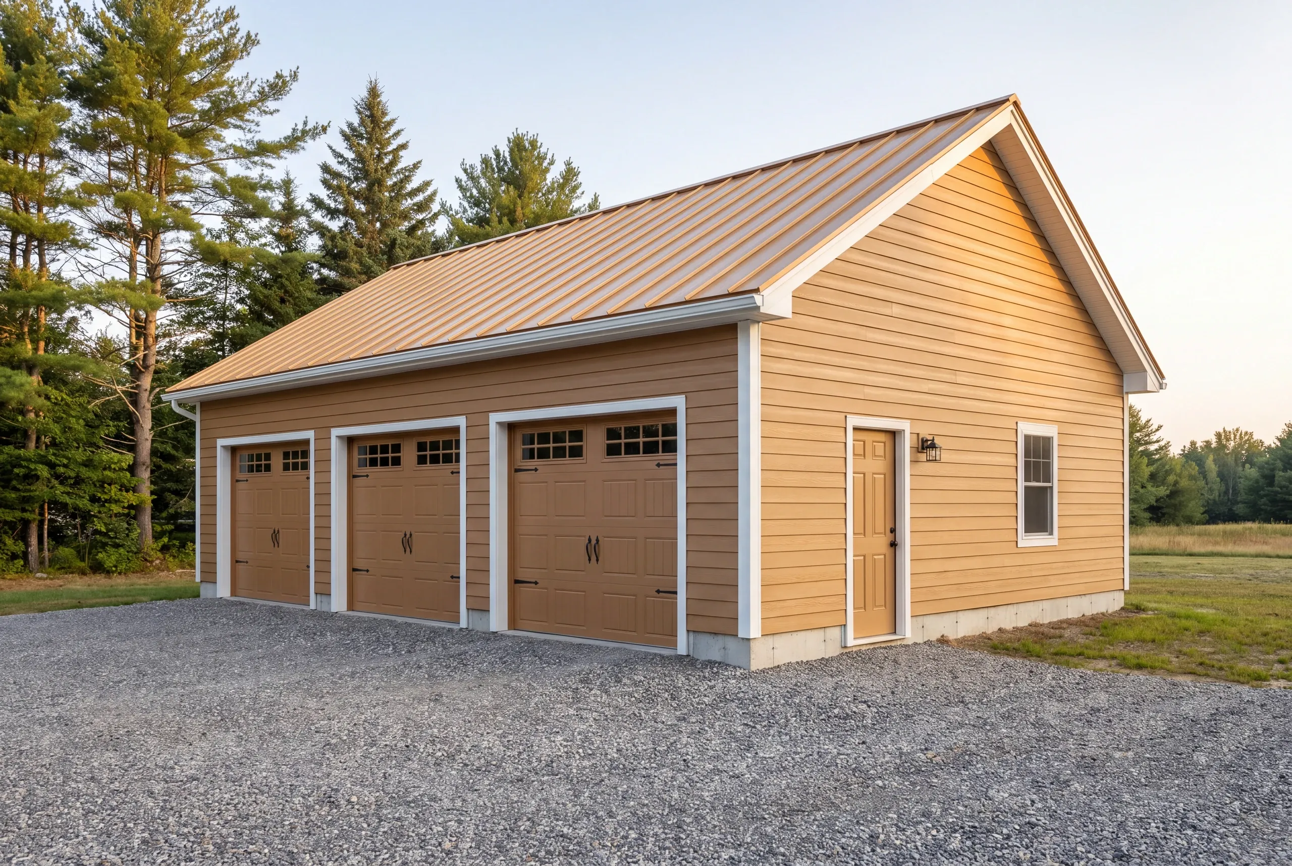 Cost to build a garage in Augusta, ME: finished three-bay detached garage with a metal roof on a gravel drive