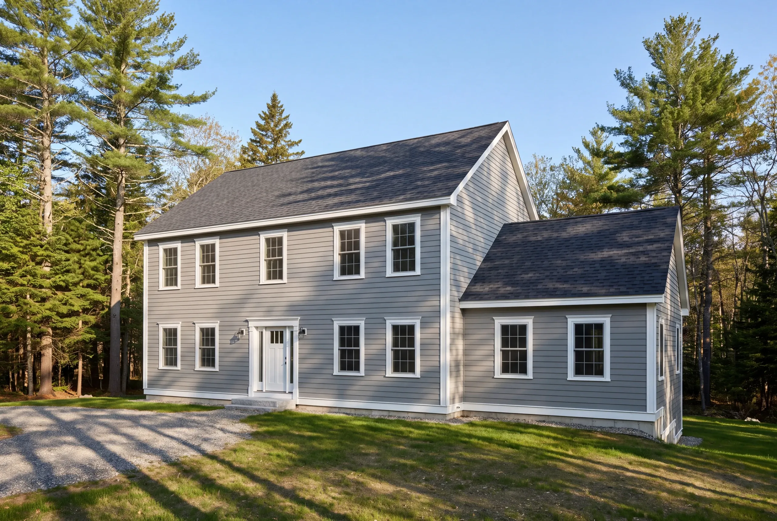Cost to build a house in Maine: finished gray two-story colonial with a one-story wing on a wooded lot