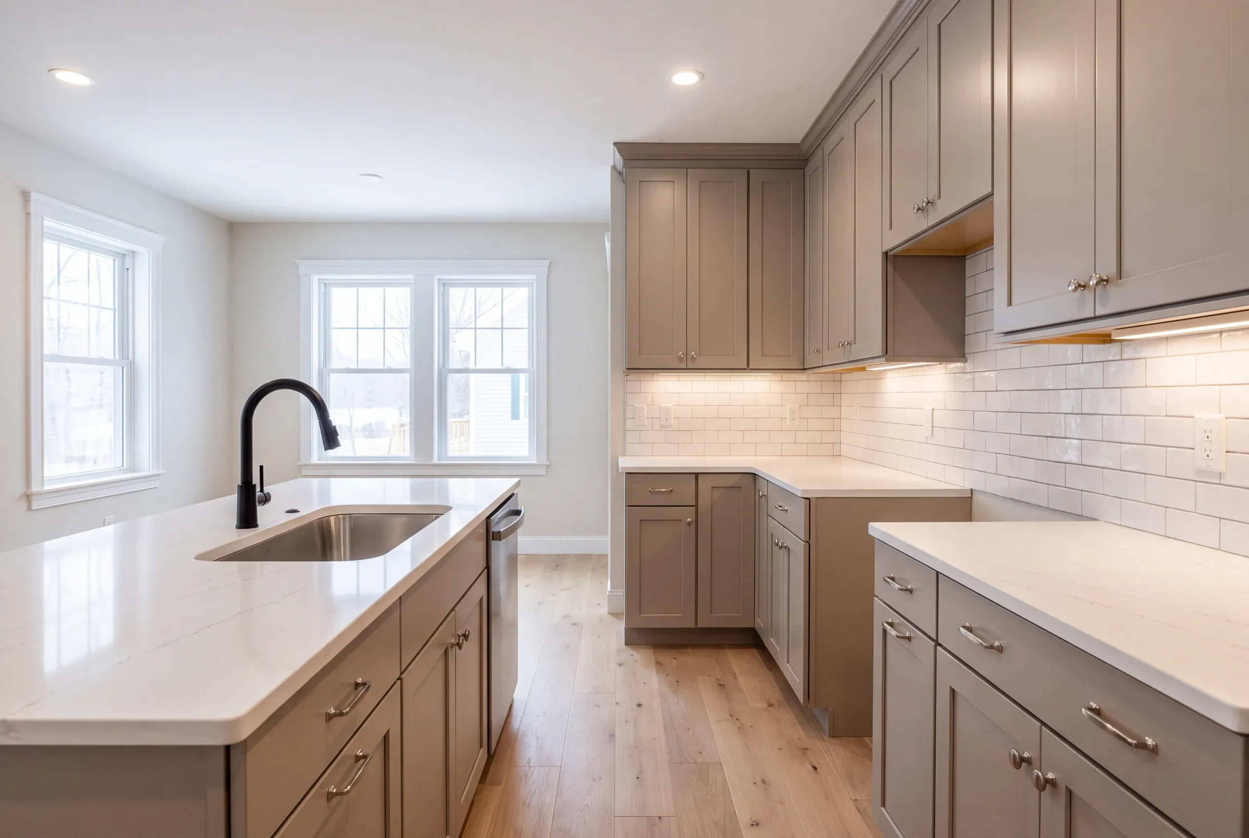 Cost to remodel a kitchen in Augusta, ME: finished kitchen with gray shaker cabinets, a quartz island and a black faucet