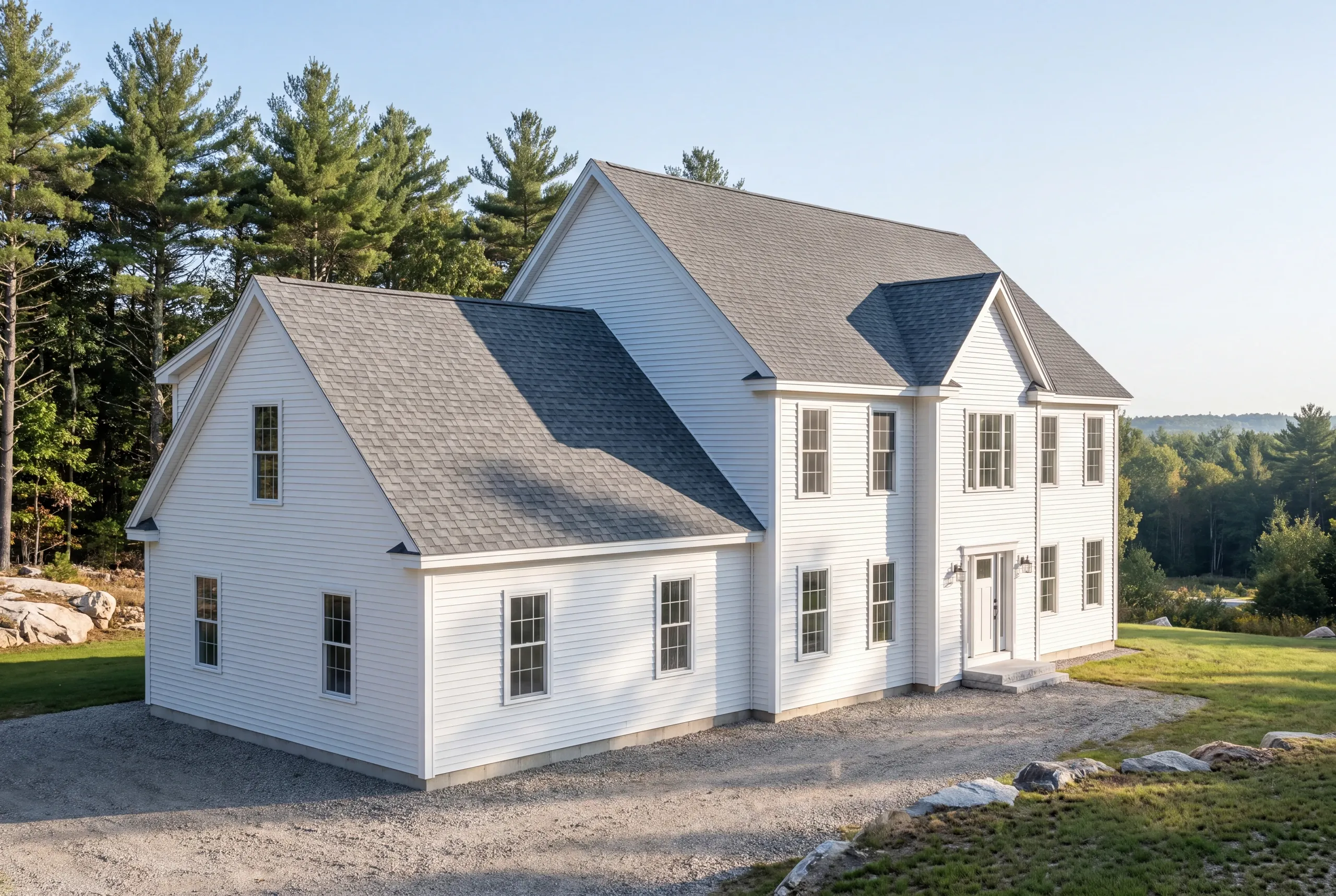 Cost to replace a roof in Augusta, ME: finished white colonial with an attached wing and asphalt shingle roof