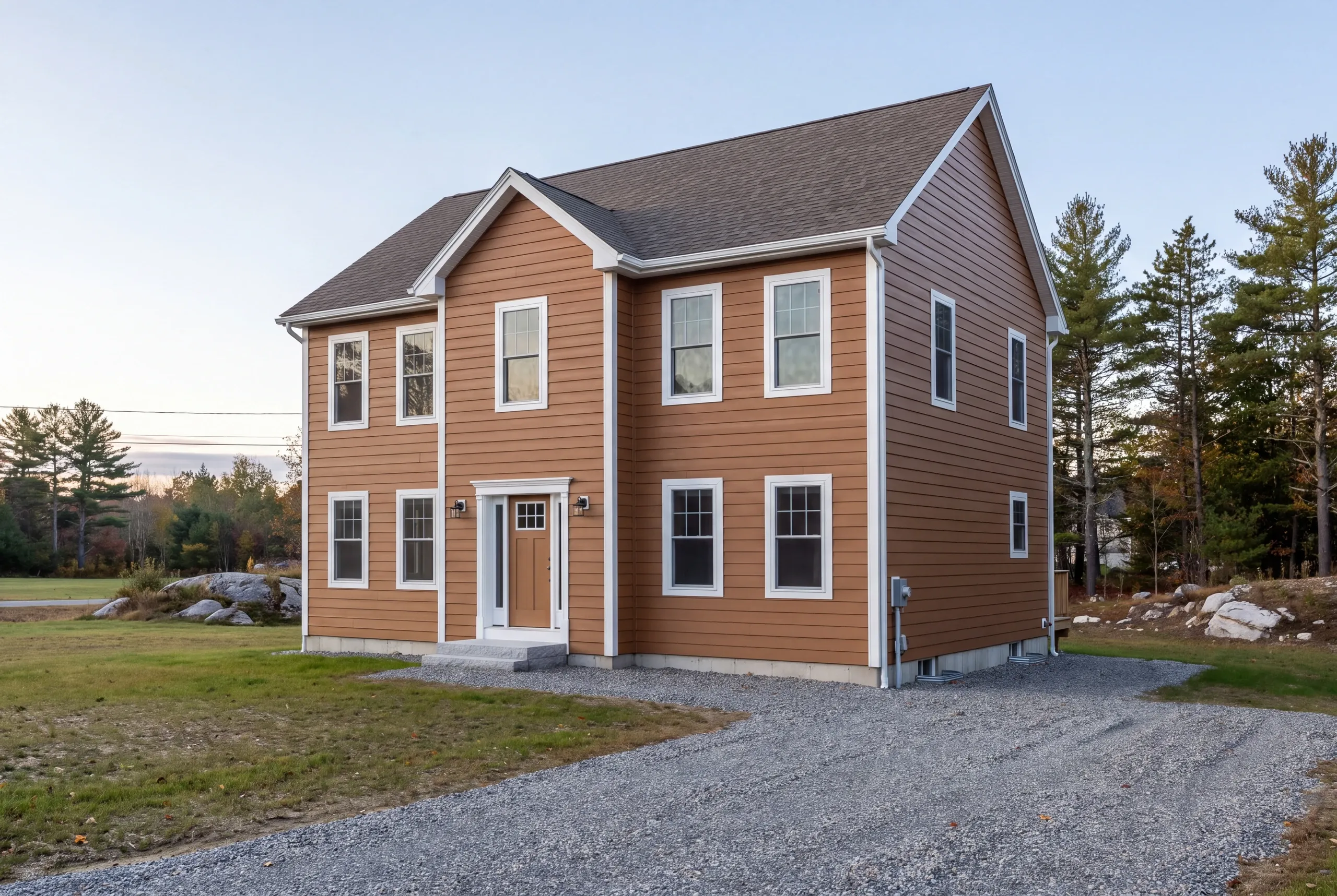 Cost to replace siding in Augusta, ME: finished two-story colonial with brown lap siding and white trim on a gravel drive