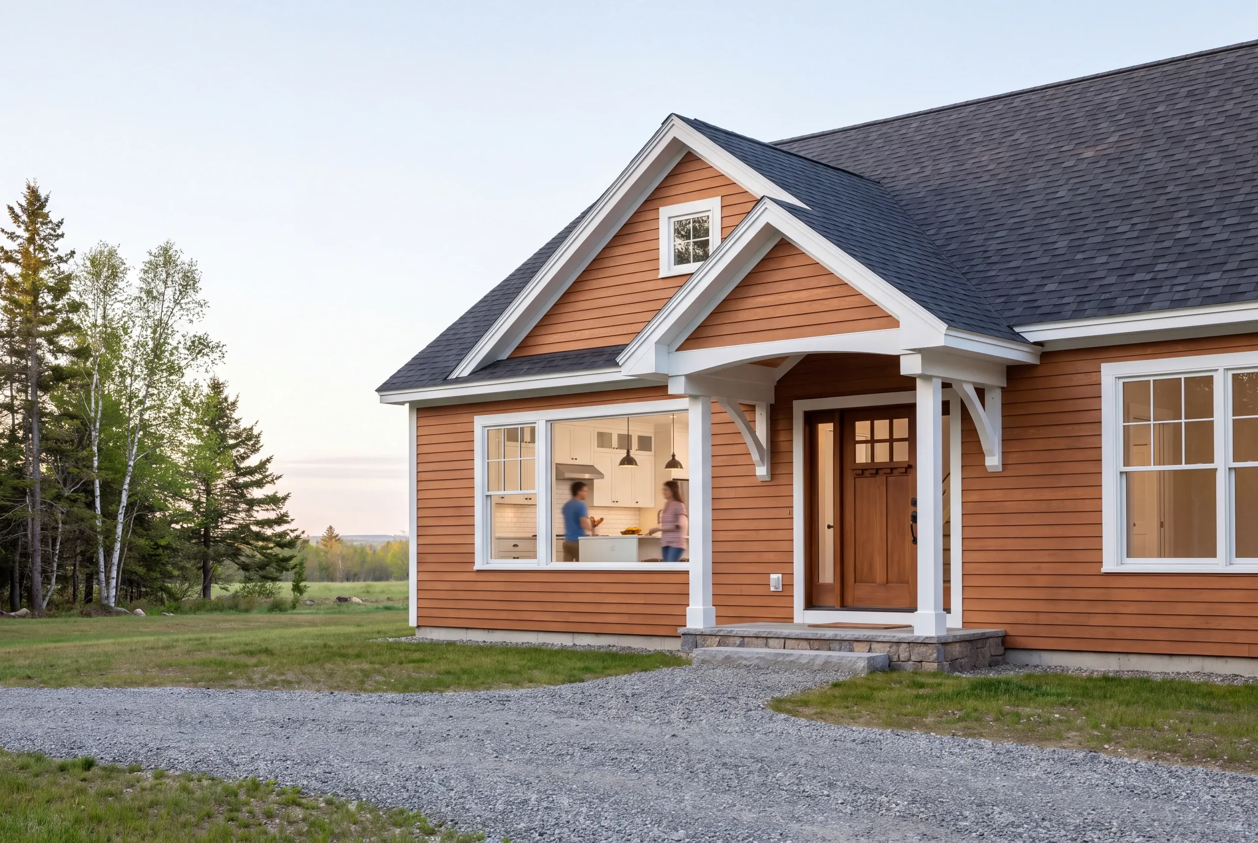 Custom home builder Central Maine: new house with orange lap siding and two people seen through the kitchen window