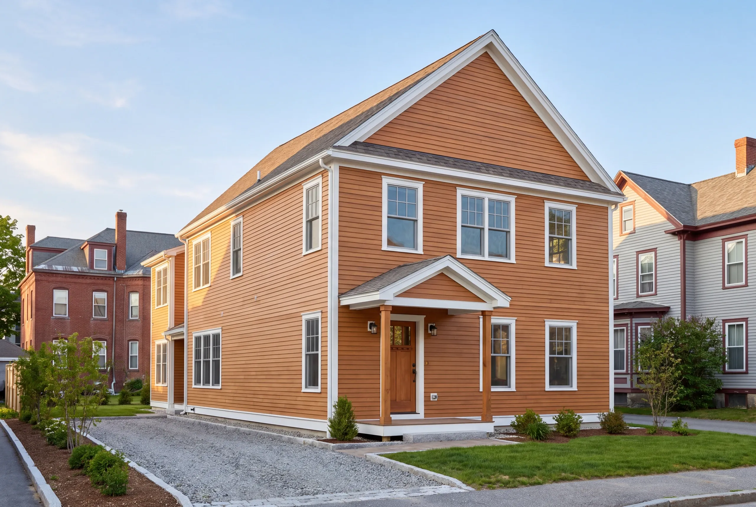 Luxury home builder Waterville Maine: completed two-story house with orange lap siding and a gable roof