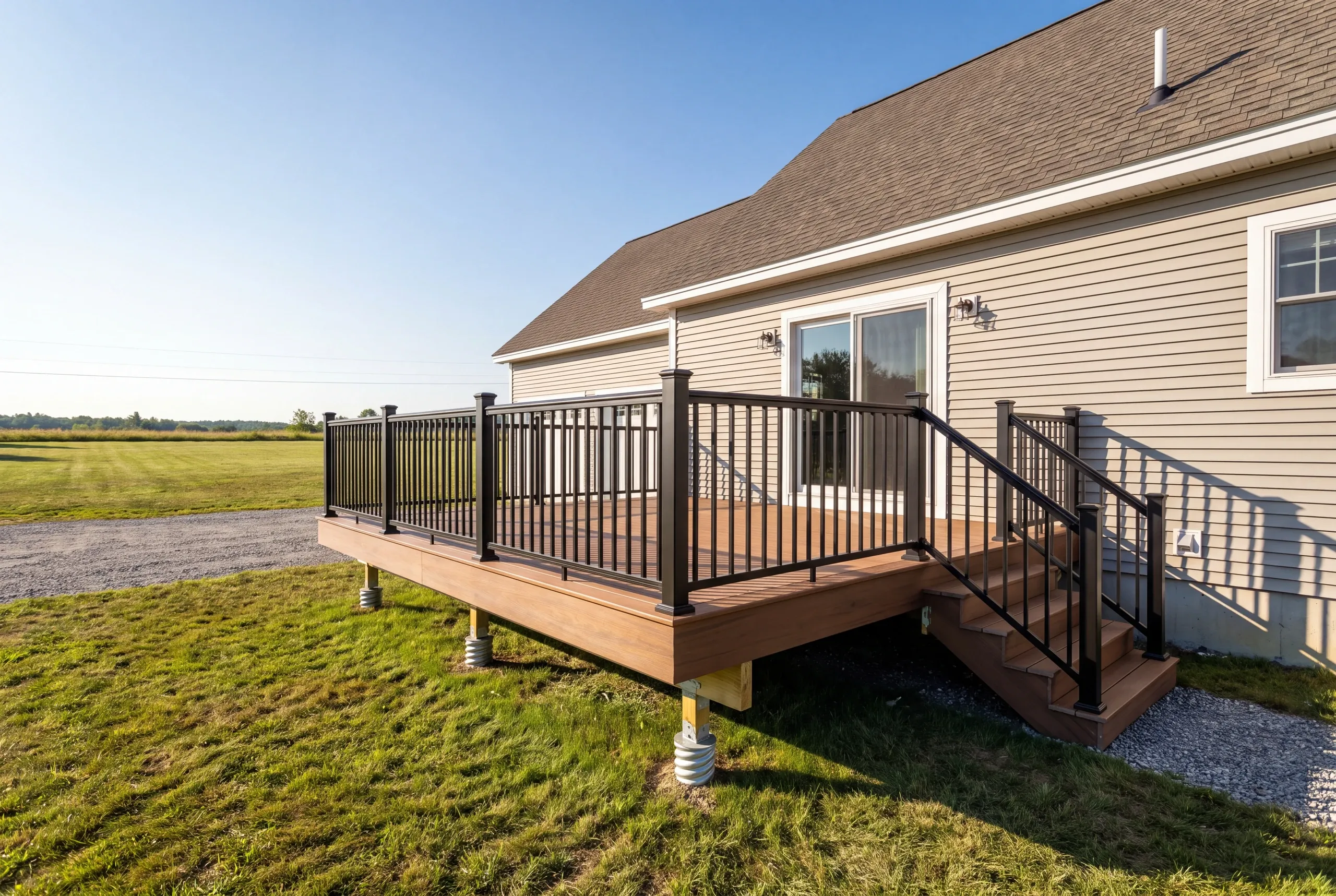 Deck builder Central Maine: finished deck and railing, wide view