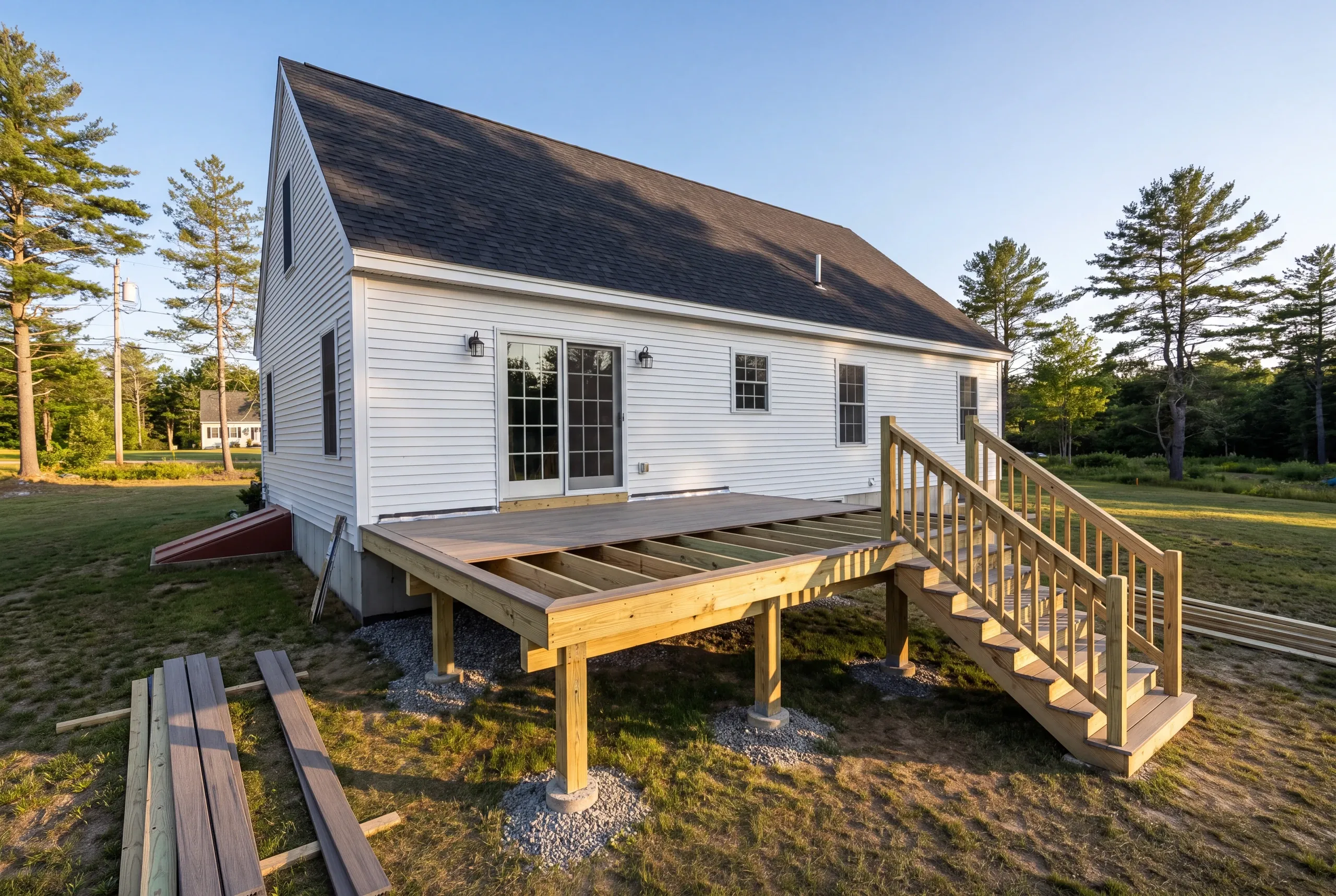 Deck builder: composite decking partly laid over new deck framing behind a white cape
