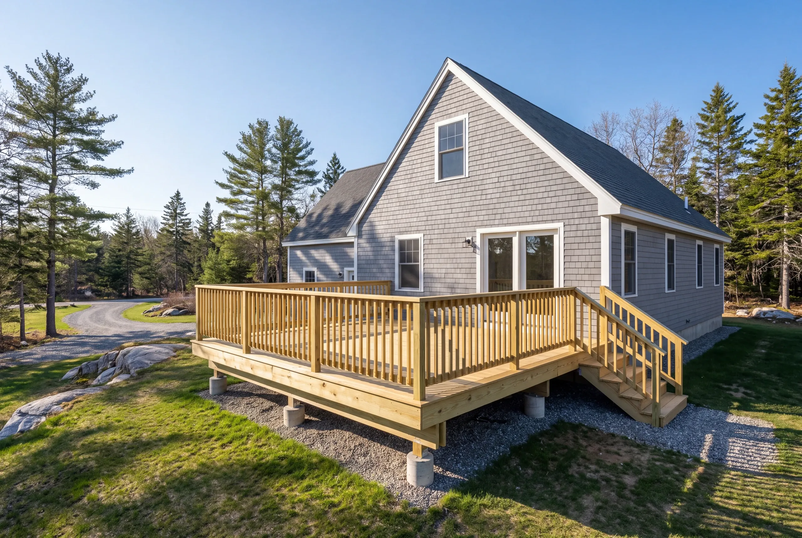 Deck builder Central Maine: finished pressure-treated deck with wood railing and stairs on a gray shingled cape