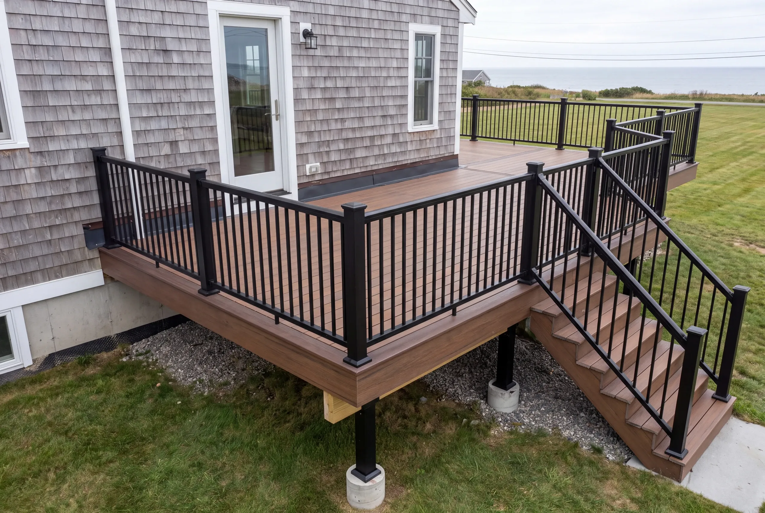 Composite deck builder Central Maine: finished brown composite deck with black railing and stairs on a shingled house