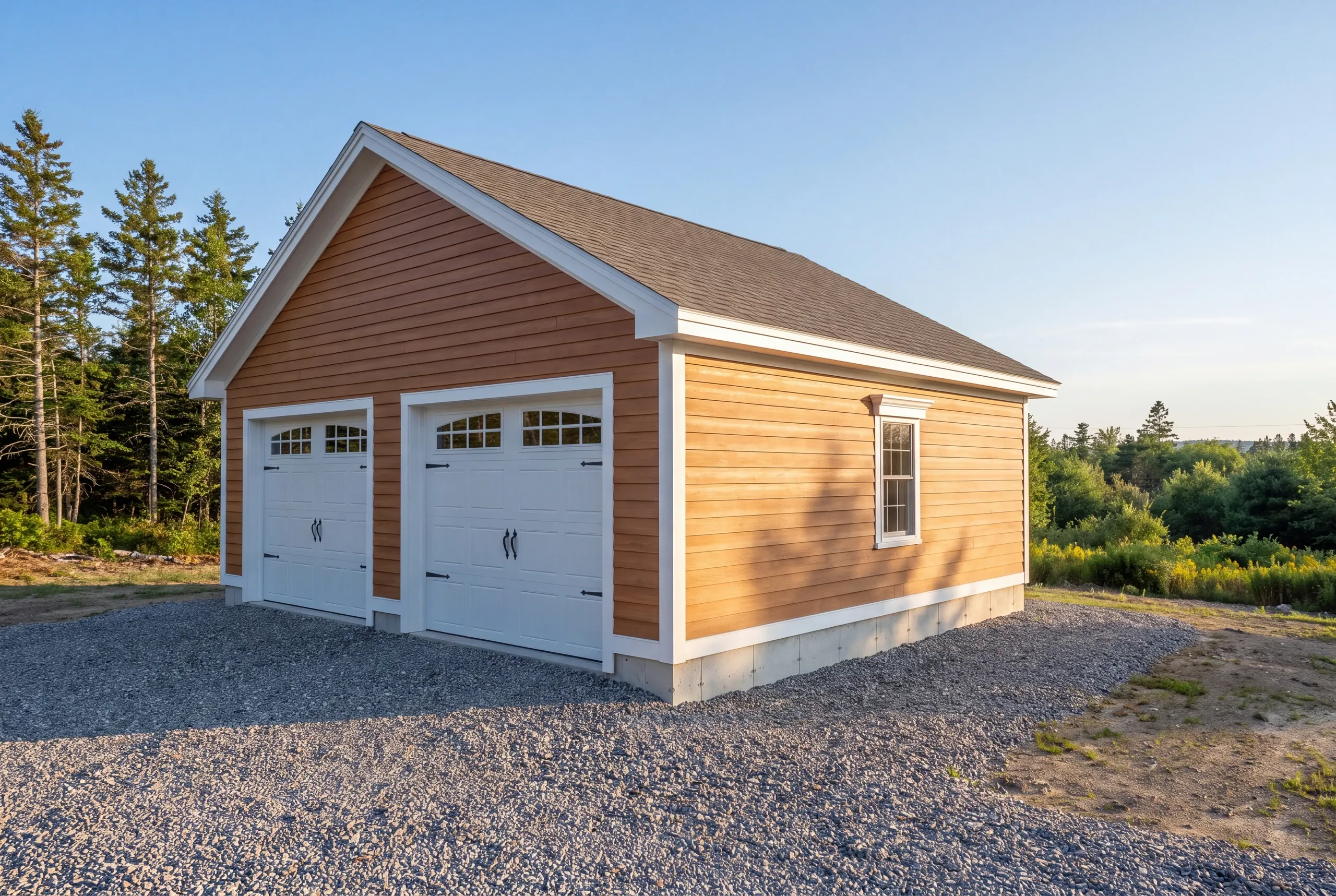 Garage builder Central Maine: gravel running to the door of a detached Maine garage, no concrete apron