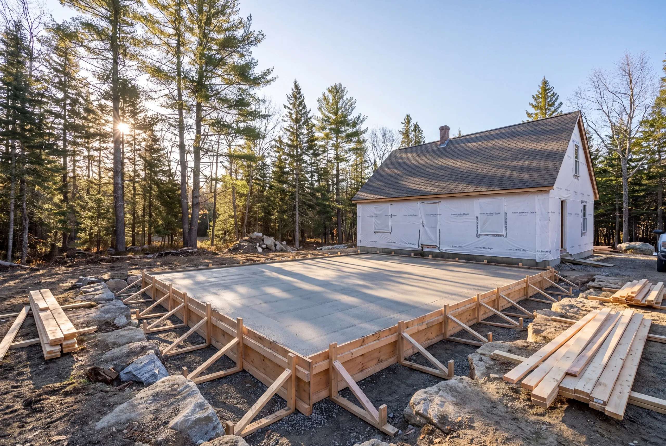 Construction company Central Maine: freshly poured concrete slab in braced wood forms beside a house in white wrap
