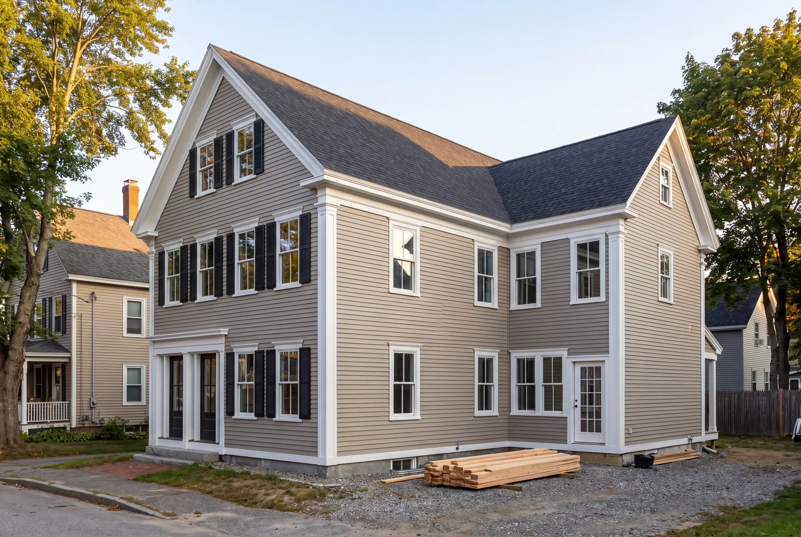 General contractor Waterville, ME: finished tan two-story house with black shutters and lumber stacked out front