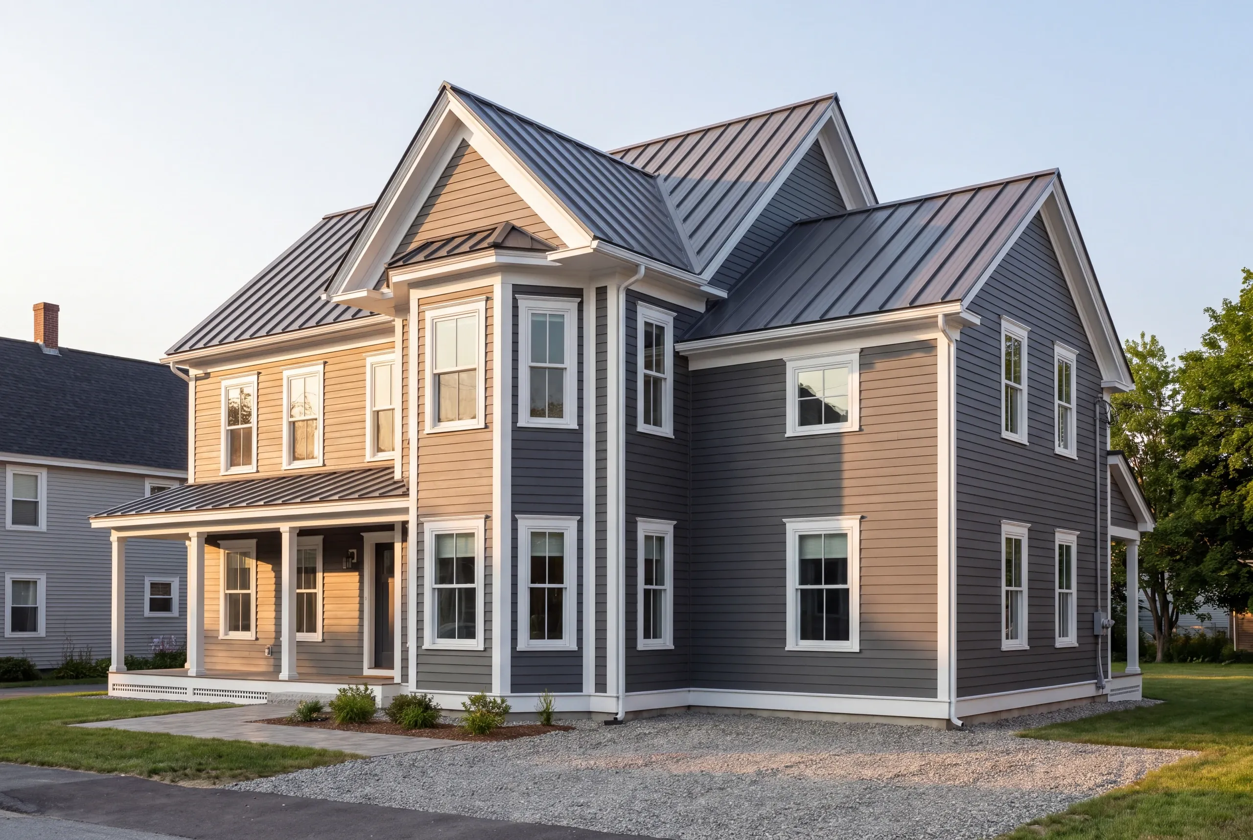 Residential general contractor Waterville Maine: finished two-tone house with a metal roof and front porch on a city lot