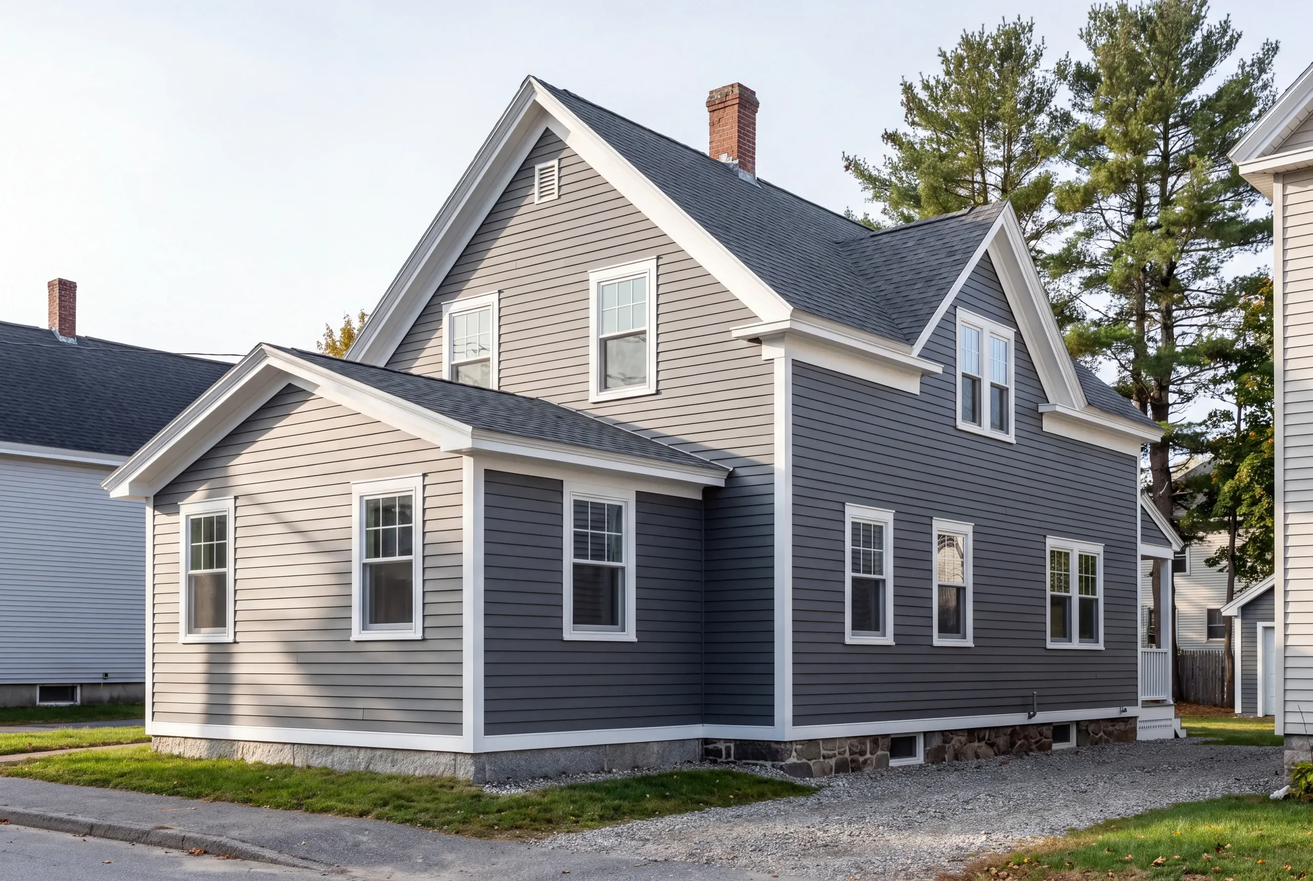 Construction company Waterville Maine: mill-era home with a new kitchen addition matched to the original trim profile