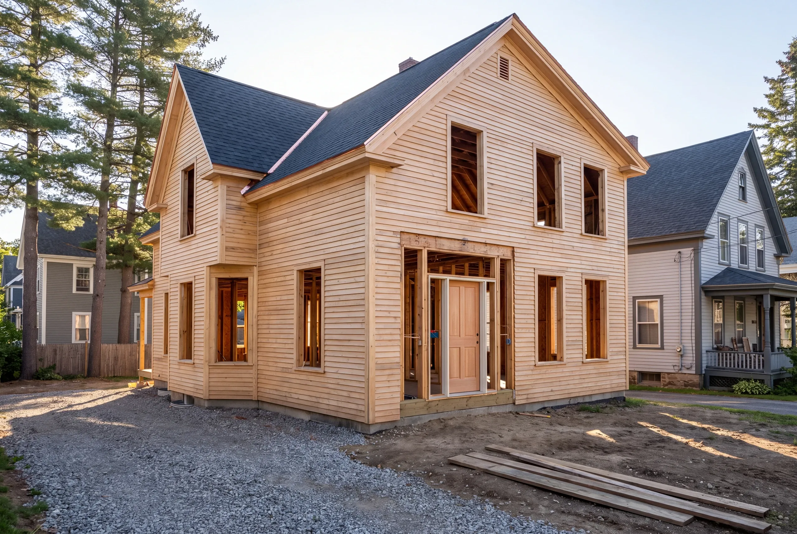 General contractor Waterville Maine: house under construction with new unpainted wood clapboards and open window holes