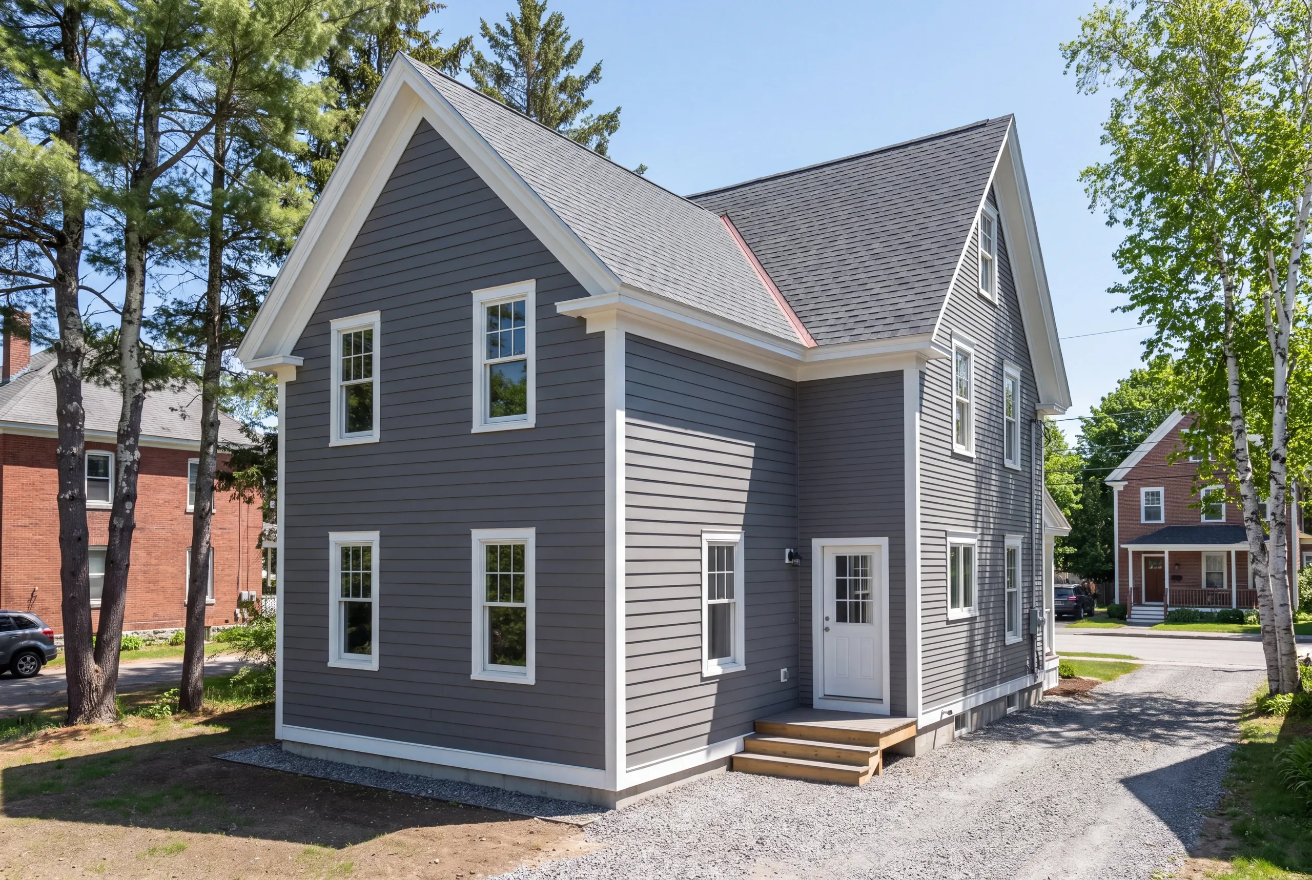 Residential general contractor Waterville Maine: finished gray two-story house with a side entry