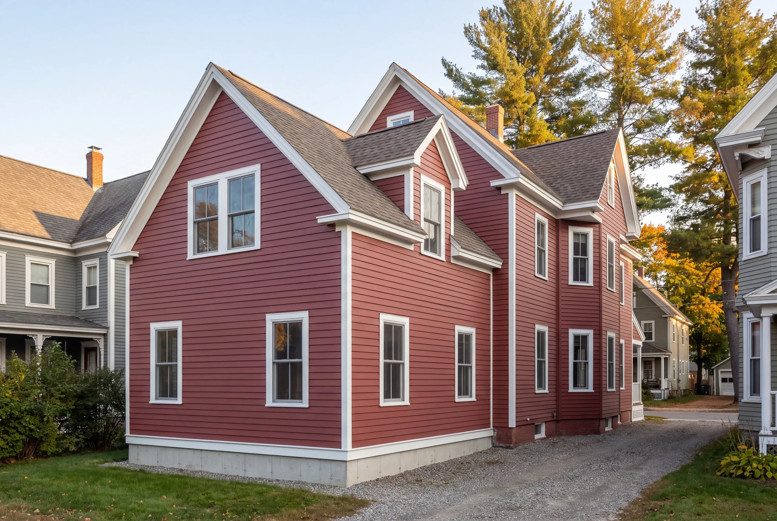 Construction company Waterville Maine: finished red two-story house with a side addition