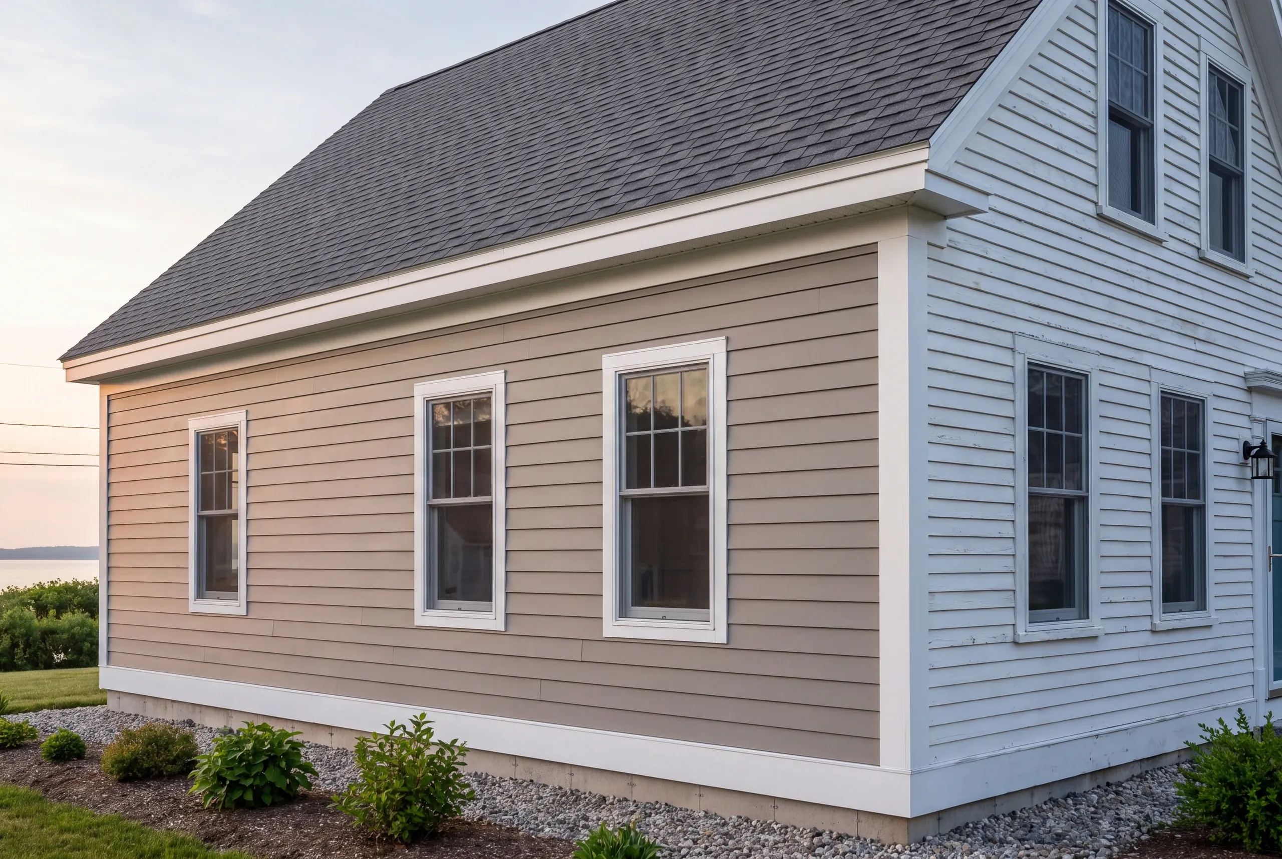 Finished tan addition joined to a light gray clapboard house