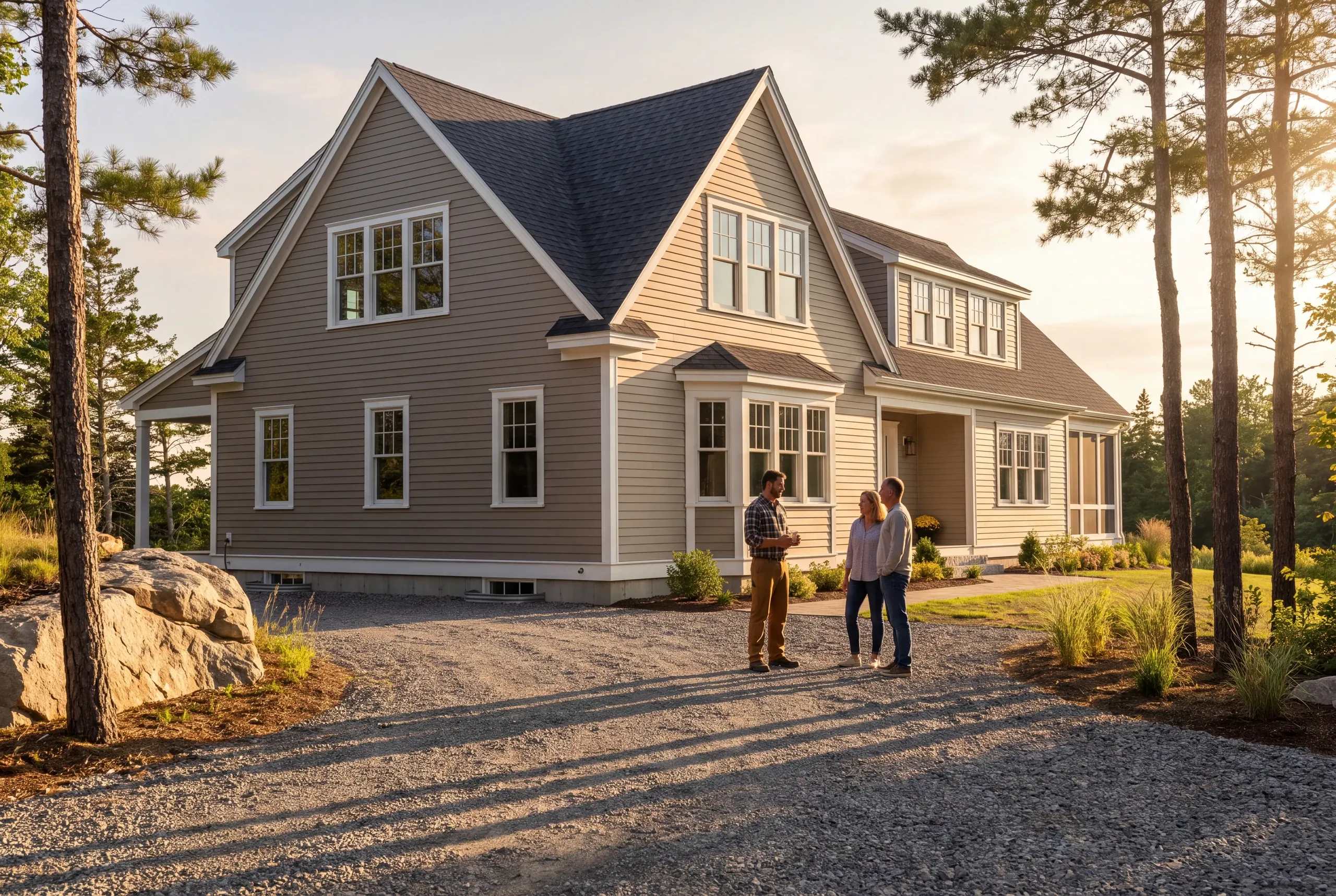 Builder talking with a couple in the drive of a finished tan house