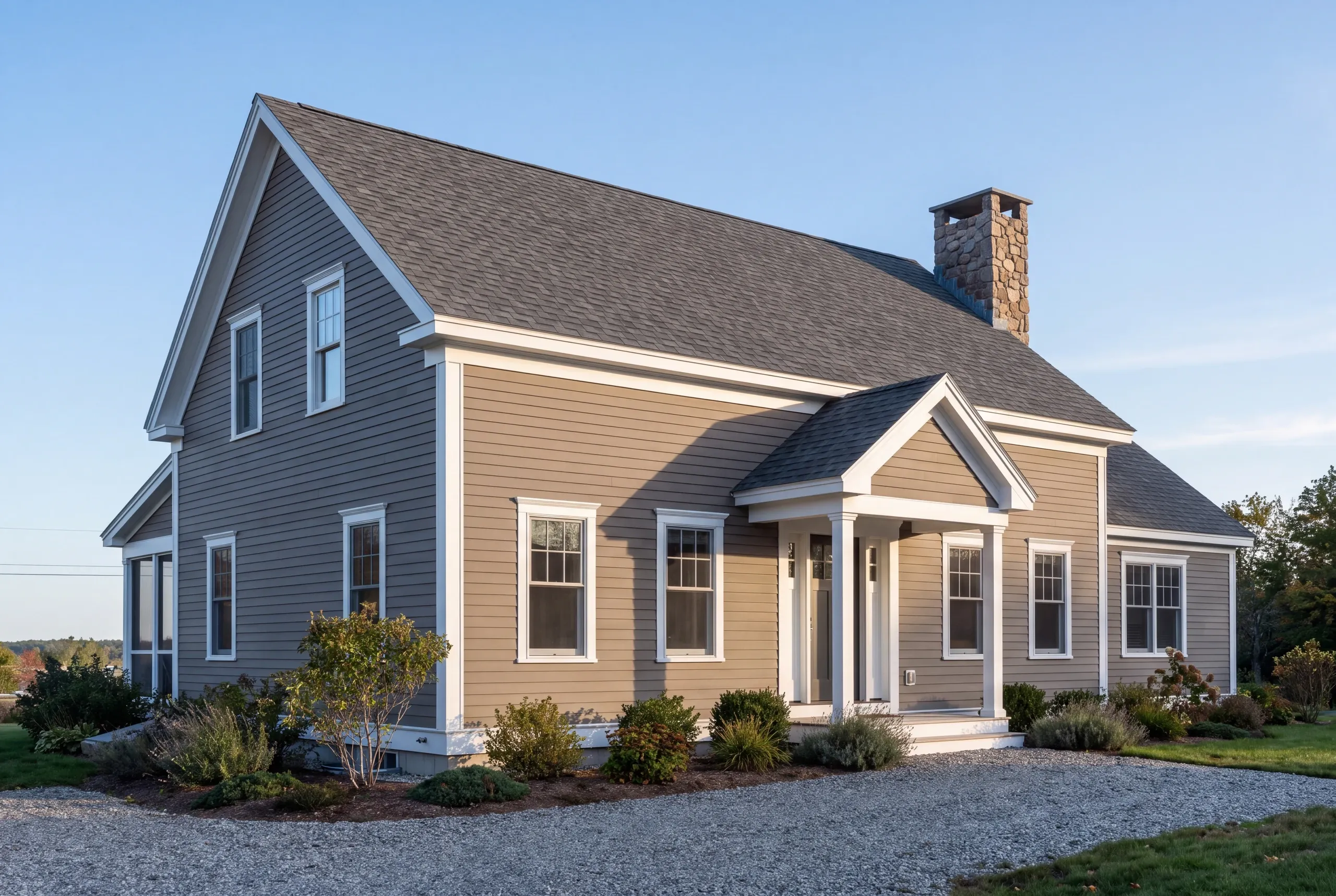 Finished two-tone house with a stone chimney and covered front entry