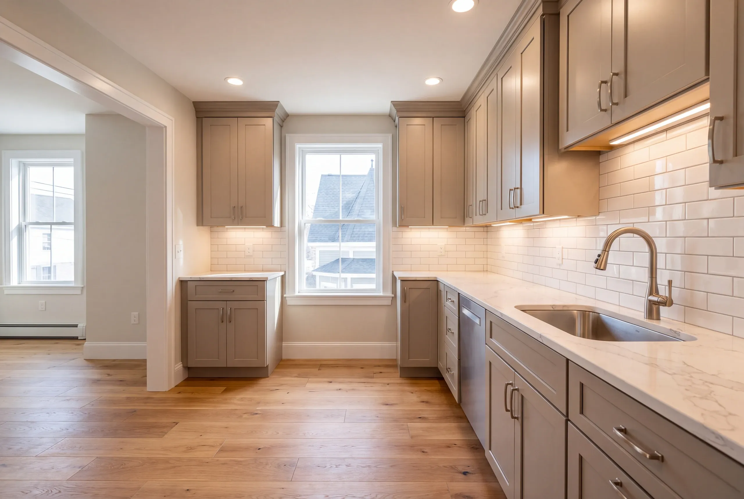 Kitchen remodeling contractor Waterville Maine: finished gray kitchen with a window sink and brass faucet